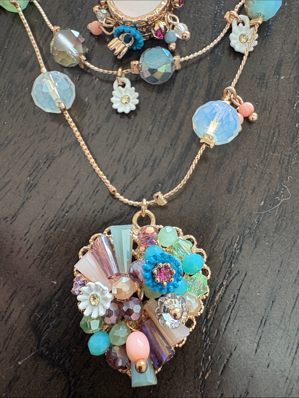 Betsey Johnson Aqua, Turquoise & Pink Multilayer Floral Pendant Necklace - Picture 2 of 11